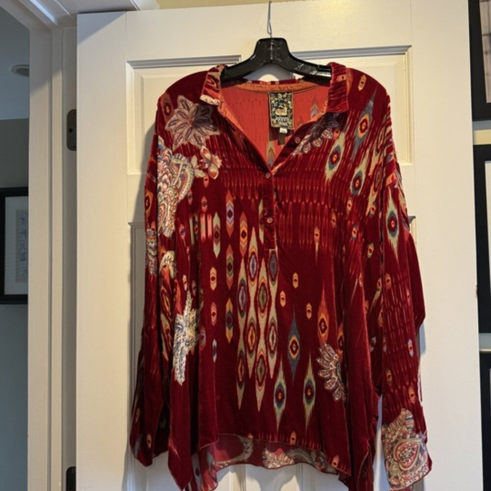 Johnny Was Multi-Color Red Velvet Burnout Top